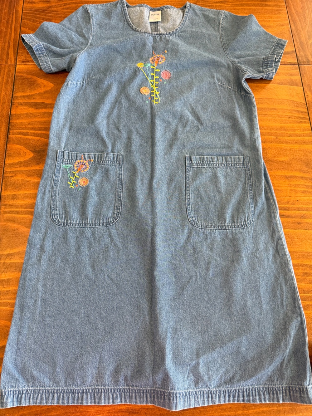 Vintage Blair Small Blue Denim Relaxed Dress with Floral Embroidery Grandmacore